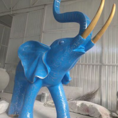 玻璃钢大象雕塑 深蓝色雕花大象动物雕塑