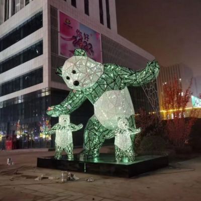 不锈钢灯光熊猫雕塑 广场景观熊猫发光雕塑